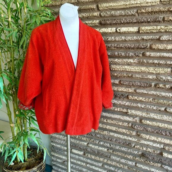 Vintage French Red 100% Wool Open Drape Paisley Lined Swing Jacket - Picture 1 of 9